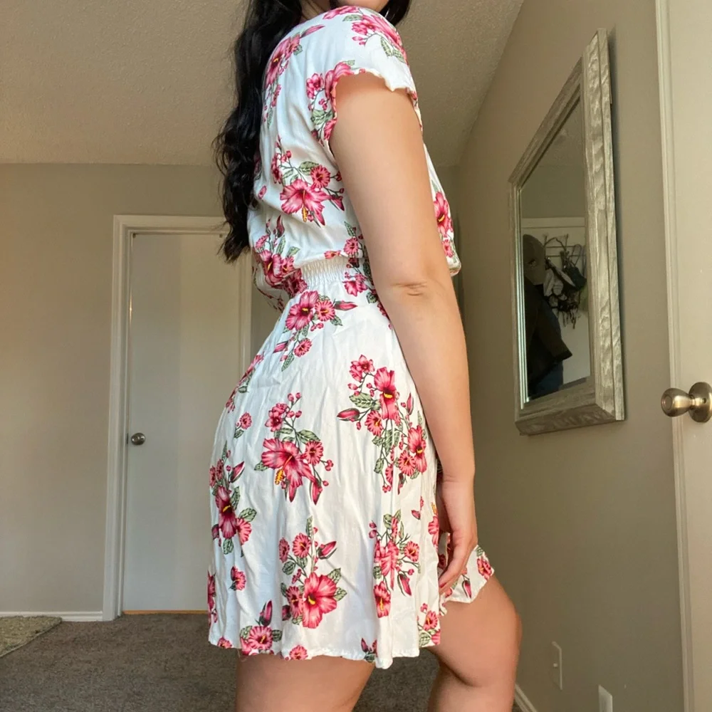 H&M floral dress; white mini dress with pink hydrangeas; breathable fabric. - Picture 7 of 7